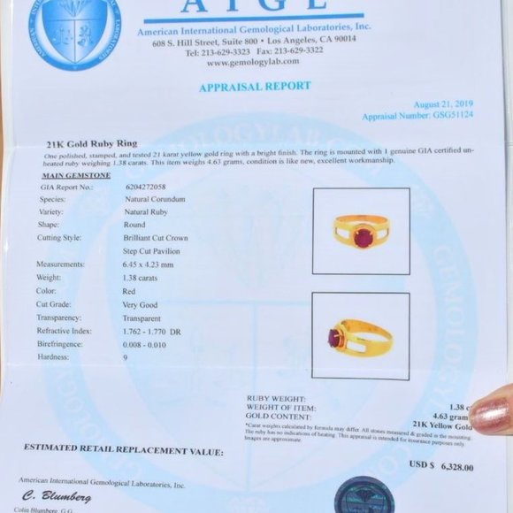 GIA Burmese Ruby 1.38ct Solid 21K Yellow Gold Ring - Picture 3 of 8